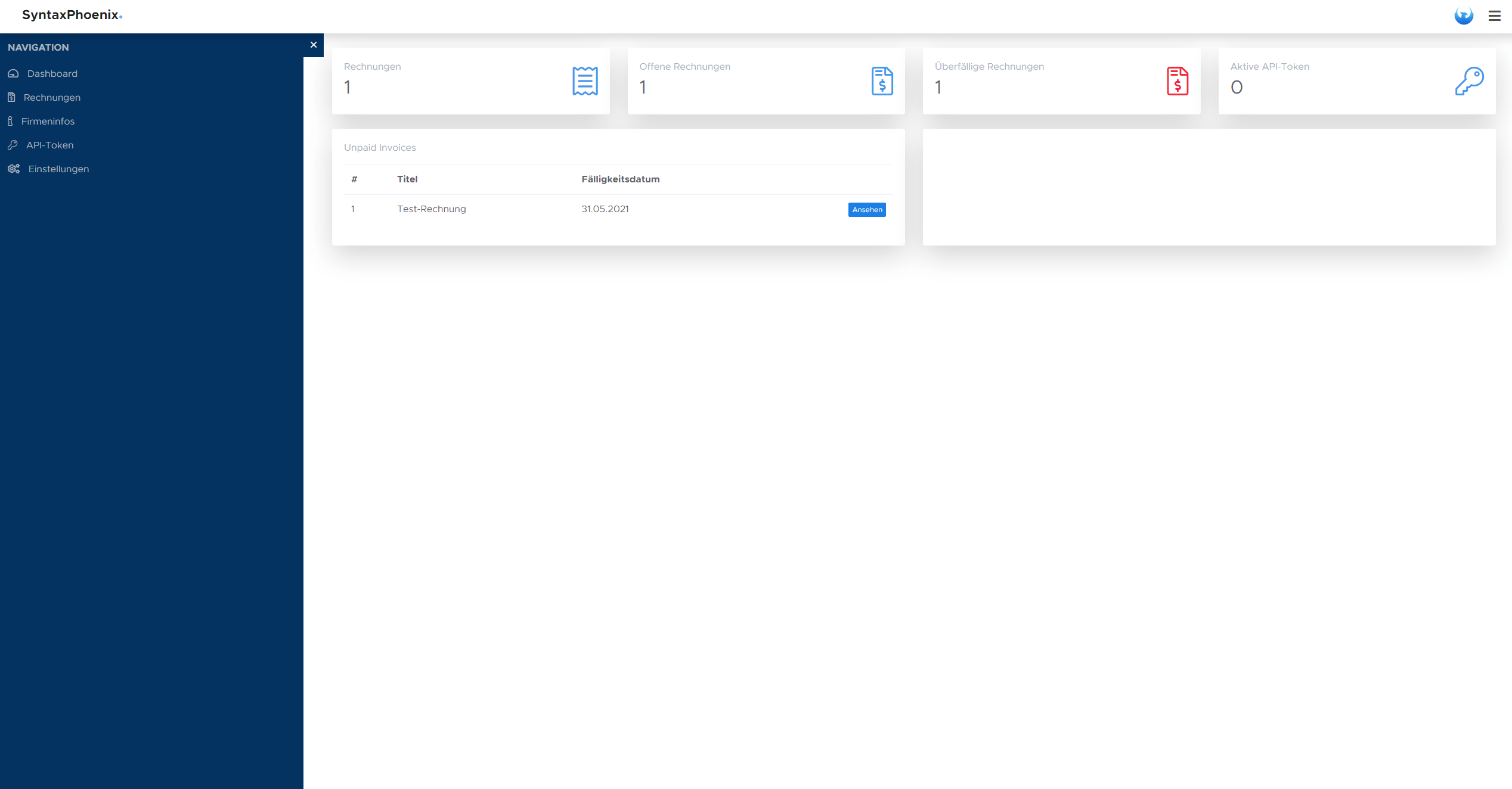 Eine Referenz unserer Webanwendungen - Unser Invoice-Manager Dashboard einer modernen Anwendung. Sidebar, Navbar und 6 Karten mit Inhalten